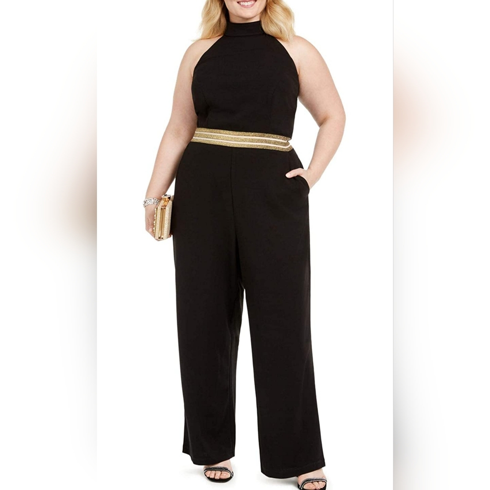 TeezeMe Plus Size Halter Neck Black Jumpsuit with Gold Glitter Waist Sz 16